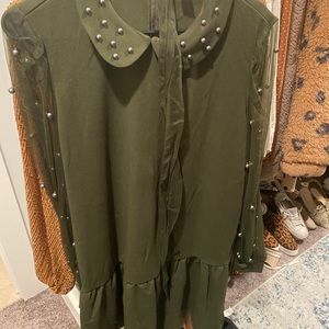 Army green pearl classy dress with belt